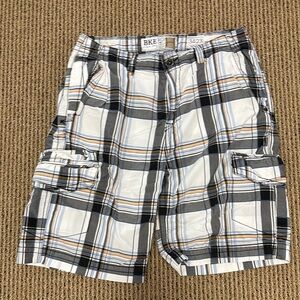 BKE Men's Plaid Cargo Shorts - Black, White, blue and orange